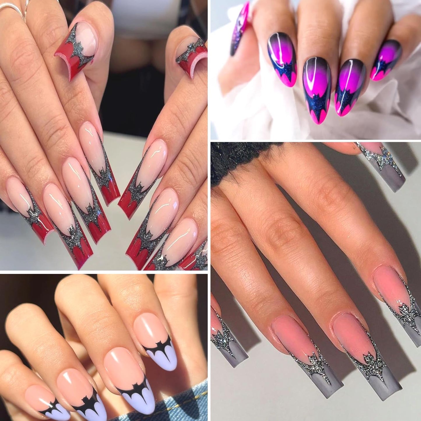 4pcs Halloween Bat Nails Art Stickers Glitter Holographic Gold Silver French Bat Design Adhesive Nail Decals Sliders Halloween French Sticker for Nails Supplies Accessories Y2K Manicure Decor