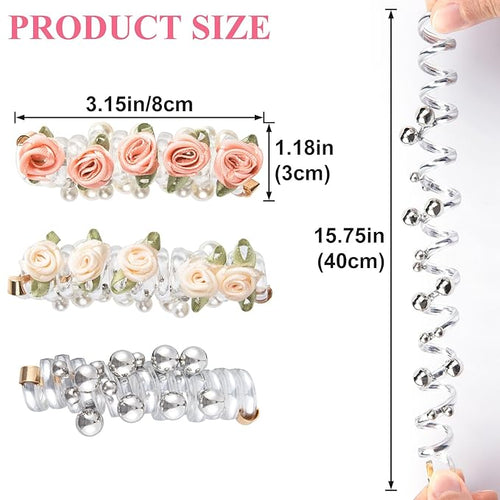 3PCS Rose Bead Spiral Hair Ties, 2 Styles Phone Cord Ponytail Holders for Women, Elegant Rubber Hair Coils, Stylish Hair Accessories for Party, Daily Use