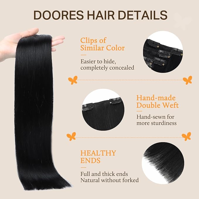 DOORES Human Hair Extensions Clip in, Natural Black 150g 9pcs 24 Inch, Straight Clip in Extensions Natural Remy Thick Weft