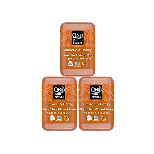 One With Nature Dead Sea Salt Turmeric Soap 4oz 3-Pack – Purifying and Exfoliating Soap Bar with Dead Sea Minerals and Turmeric for Face & Body, for Men & Women