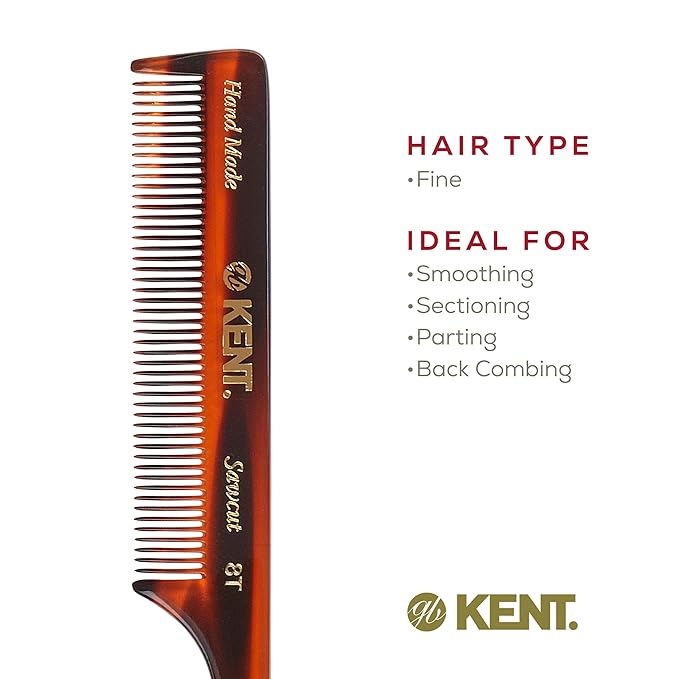 Kent 8T Rat Tail Combs Teasing Comb for Hair Styling and Sectioning, Handmade Fine Tooth Comb Parting Combs for Braiding Hair and Styling for Women, Saw Cut and Hand Polished