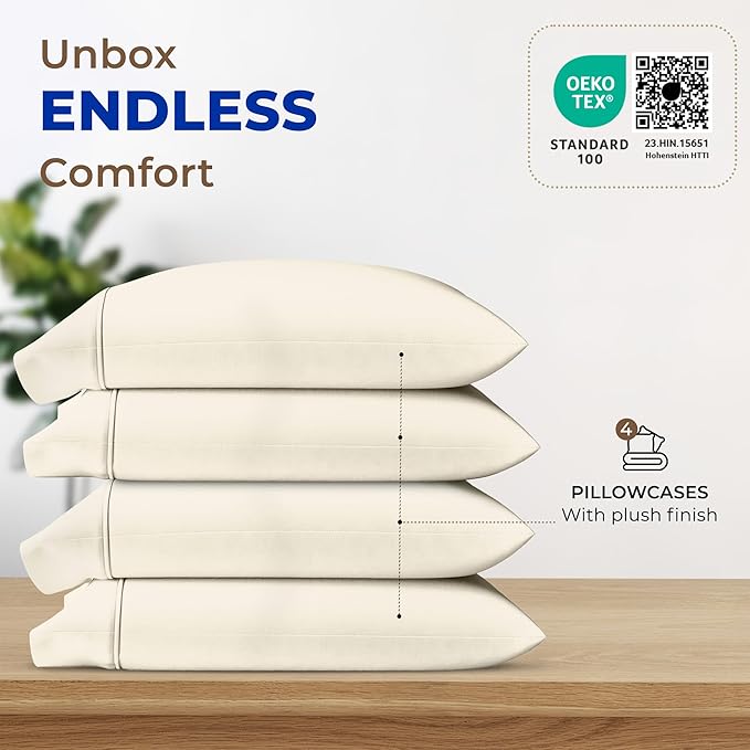 THREAD SPREAD 100% Egyptian Cotton Pillow Cases King - High Thread Count Pillowcases King Size Pack of 2, Soft Cooling & Breathable Extra Long Staple Sateen Weave Cotton Pillow Covers for Bed - Ivory