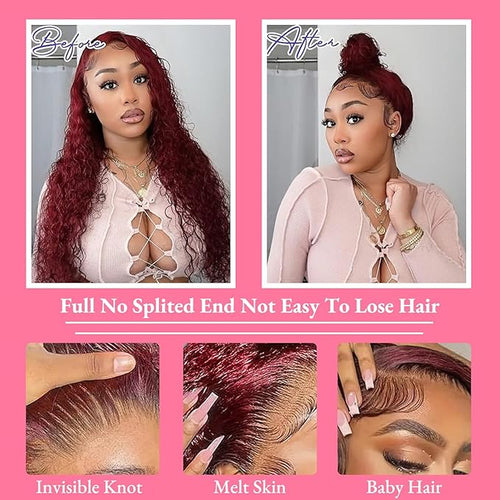 250 Density Hidden Strap Water Wave 360 99j Burgundy Glueless Wigs Human Hair Pre Plucked Pre Bleached Human Hair Wig With Drawstring Wet and Wavy HD Full Lace Front Wigs Human Hair 18 Inch