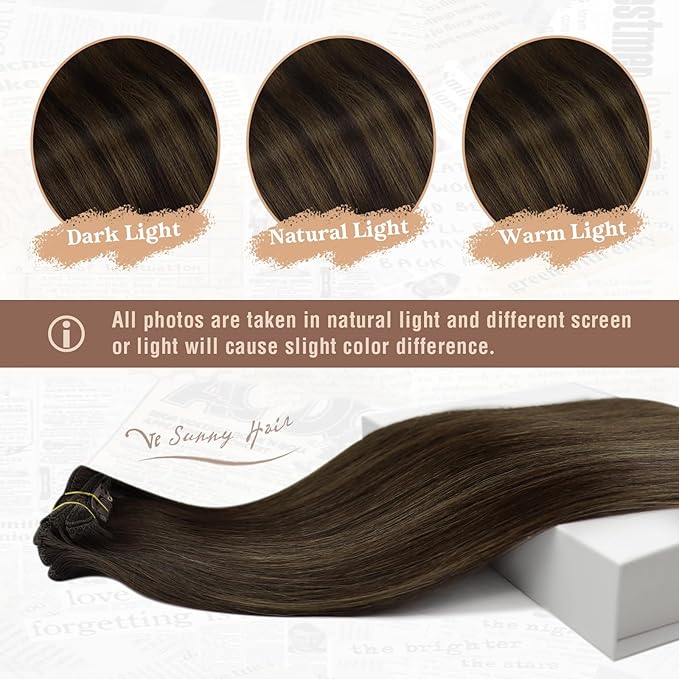 Ve Sunny Clip in Hair Extensions Dark Brown Balayage Medium Brown Real Hair Extensions Clip in Human Hair 14inch Human Hair Clip in Extensions Black Woman 100g