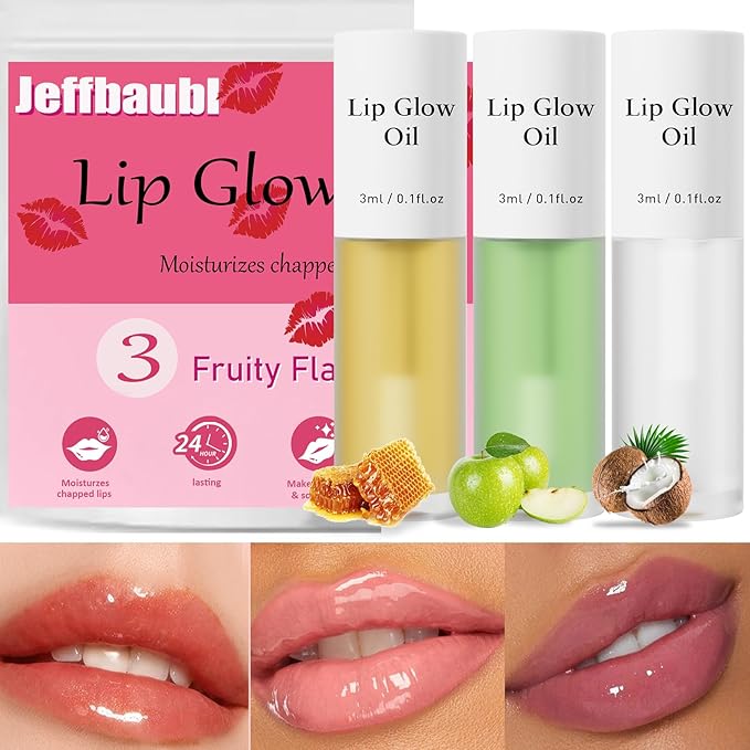 Hellokiss 3Pcs Lip Glow Oil,Moisturizing Lip Plumper Gloss,3 Fruit Flavoured Lip Balm Lip Care,Clear Plumping Lip Gloss,Non-Sticky Long Lasting Hydrating Lip Oil(Honey,Green Apple,Coconut)