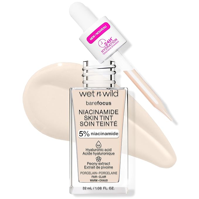 wet n wild Bare Focus Skin Tint, 5% Niacinamide Enriched, Buildable Sheer Lightweight Coverage, Natural Radiant Finish, Hyaluronic & Vitamin Hydration Boost, Cruelty-Free & Vegan - Porcelain