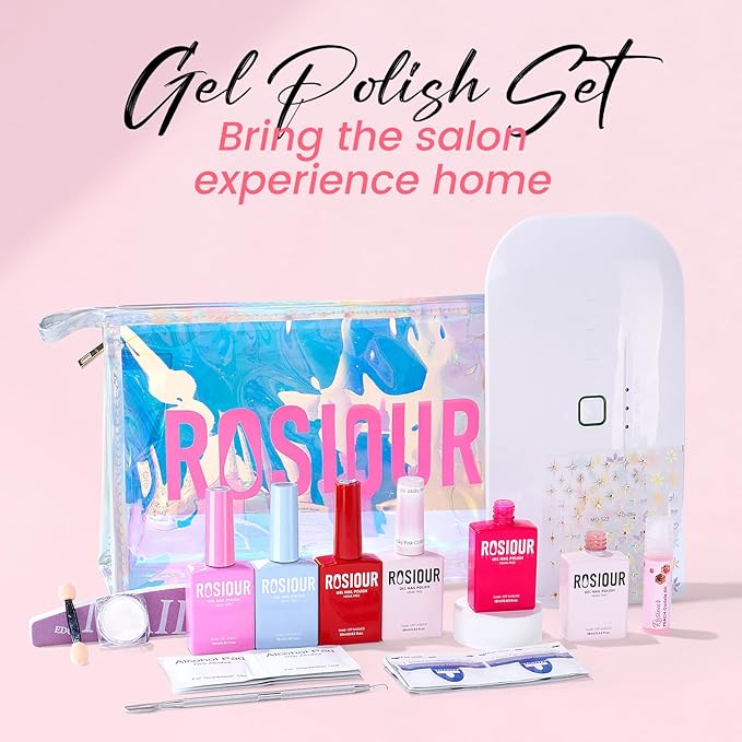 Gel Nail Polish Kit with U V Light, Hema-Free Light Baby Pink Blue Purple Nude Pink Summer Gel Polish Set with Base & Top Coat Chrome Nail Powder, 4 Colors Mini Salon Nail Art Starter Gift for Women