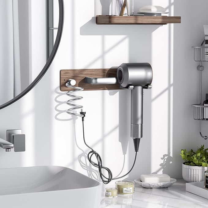 Tindbea Hair Dryer Holder Curling Iron Holder Flat Iron, Blow Dryer Holder Wall Mount, 3 in 1 Bathroom Hair Tool Organizer Rack for Universal Dryer, Walnut Wood Silver Color Metal