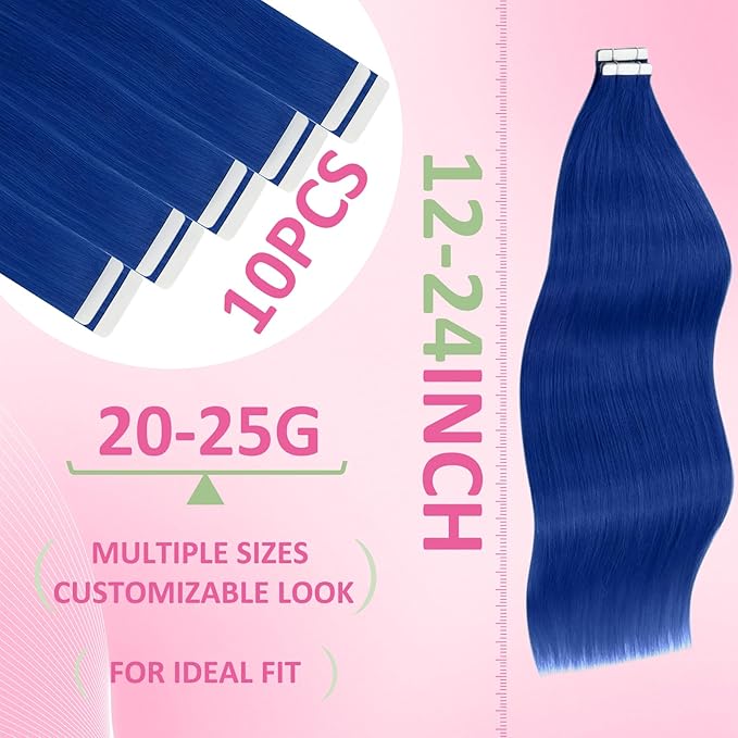 YoungSee Tape in Hair Extensions Real Human Hair Blue Invisible Tape in Human Hair Extensions Blue 18 Inch Seamless Tapes Hair-Extensions Colored 10pcs 25g DIY Hair Extension