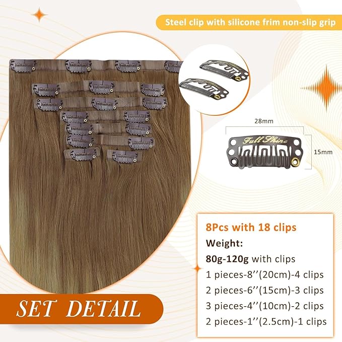 Full Shine Human Hair Clip in Extensions 12 Inch Hair Extensions Clip in Light Brown to Blonde Invisible Hair Extensions Human Hair for Short Softness 80 Grams 8 PCS