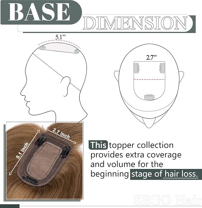SEGO Hair Toppers for Women Real Human Hair with Thinning Hair, Toppers Hair Pieces Clip in Toppers Straight Hair Pieces with Front Bangs 150% Density Silk Base -10 Inch #6 Light Brown