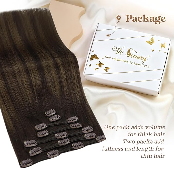 Ve Sunny Clip in Hair Extensions Thick Remy Human Hair Dark Brown Balayage Medium Brown Real Hair Extensions Clip in Human Hair Straight 18inch 7pcs 120g