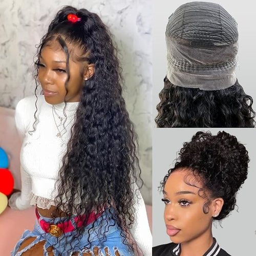 360 Glueless Drawstring Wig Human Hair 26 Inch Pre Plucked Hidden Strap 360 Water Wave Lace Front Wigs,180% Density Curly Wet and Wavy HD Full 360 Lace Frontal Human Hair Wig
