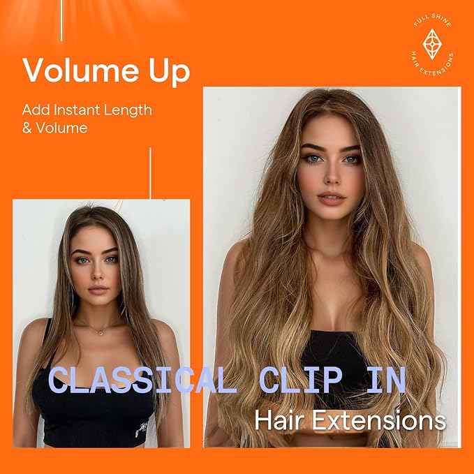 Full Shine Clip in Hair Extensions Real Human Hair Brown Balayage Dirty Blonde Hair Clip in Extensions Double Weft Medium Brown Human Hair Extensions for Women 14 Inch 7 Pcs