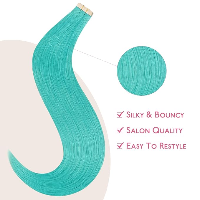 WENNALIFE Tape in Hair Extensions Human Hair, Teal Green 10pcs 30g 20 inch Remy Invisible Tape Ins Straight Colored Soft Real Human Hair Refill Set Extensions