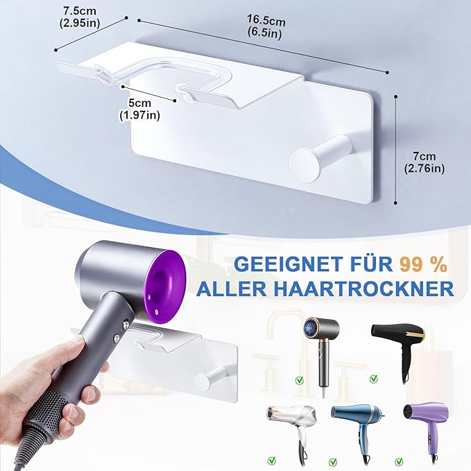 Hair Dryer Holder Wall Mounted, Blow Dryer Holder Adhesive, Metal Hairdryer Holder for Bathroom, Hair Tool Organizer with Plug&Cord for Cabinet Bathroom Bedroom Barber Shops