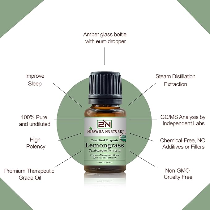 Lemongrass Essential Oil USDA Certified Organic 100% Pure Premium Therapeutic Grade, Undiluted - Aromatherapy Diffuser for Calm and Relaxation, Skin Care, Hair Care