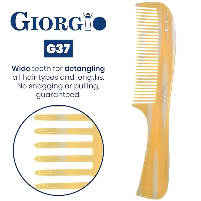 Giorgio G37 Large Coarse Hair Detangling Comb, Wide Teeth for Long Thick Curly Wavy Hair. Wet and Dry Use. Handmade Rake Comb, Saw-Cut from Cellulose, Hand Polished Imitation Horn