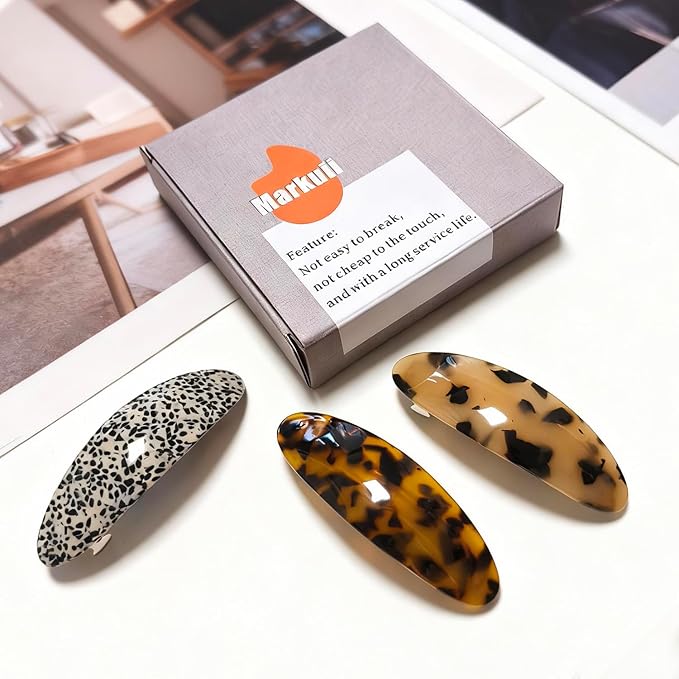 Hair Barrette for Women Large Vintage Acetate Oval Tortoise Not Easy to Break French Hair Clips for Thick Hair, 3 Pack