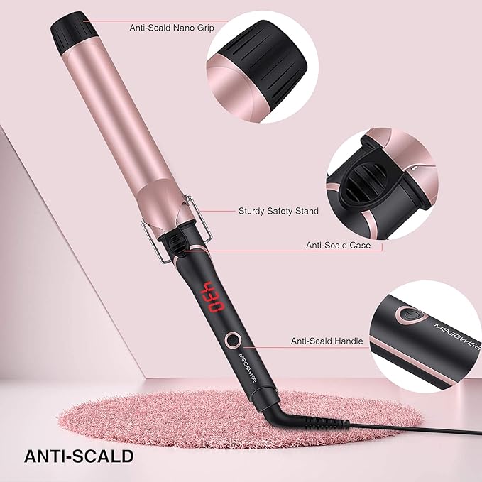 Unlock Your Hair's Potential with MegaWise Pro Curling Iron: 1 1/4 inch Ceramic Barrel, 60s Fast Heating, Anti-Scald Grip, and Complete Styling Kit for Effortless Glamour!