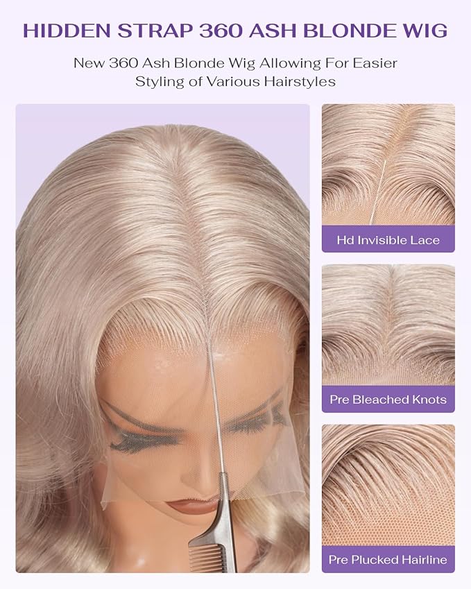Hidden Strap Milk Tea Ash Blonde Wig Human Hair Body Wave 360 Lace Front Wig Human Hair Ombre Glueless Wigs Pre Bleached Bleached Knots 180% Density Drawstring HD Full Lace Wigs 28Inch