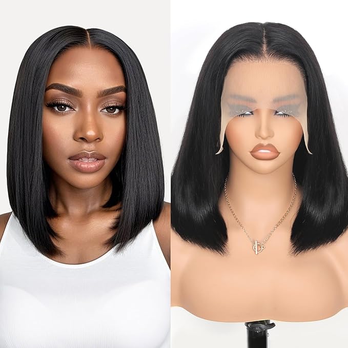 210% Density 13x6 Full Lace Frontal Bob Wig Human Hair 12A Brazilian Virgin Human Hair Pre Plucked HD Transparent Lace Glueless Wigs 12 Inch