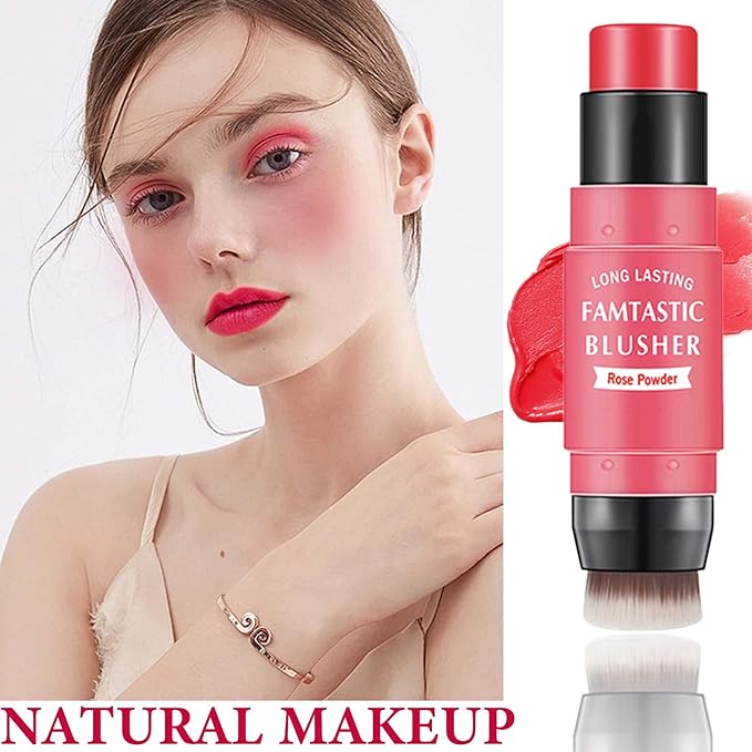 Cream Blush Stick,Blush Stick for Cheeks with Contour Brush,3-in-1 Long Lasting Waterproof Blush&Eye Shadow&Lip Gloss for All Skin Types（02 Rose Pink）