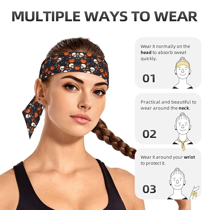 Men's Women Lovely Sports Sweatband Hair Decor for Sports Athletic Spa, Elastic Multipurpose Halloween Raven Pumpkin Skull Head Ribbon Headwear