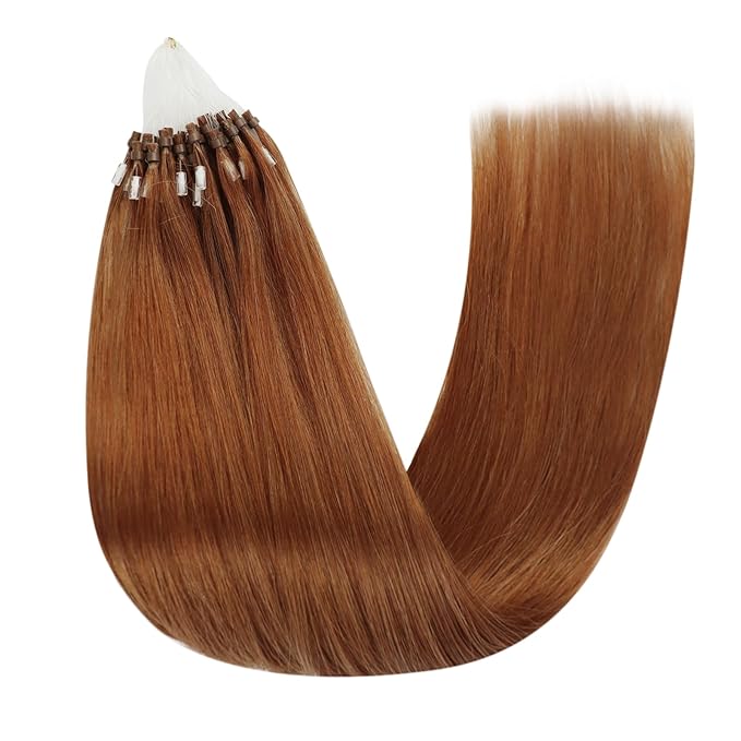 YoungSee Micro Hair Extensions Auburn 16 Inch Micro Bead Hair Extensions Real Human Hair Copper Micro Ring Hair Extension Copper Micro-Link Human Hair Extension 25g 25s Pre Bonded Remy Hair for DIY