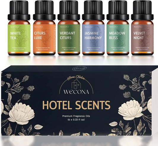 Premium Hotel Fragrance Oil Collection for Diffusers, Essential Oils for Diffusers for Home, Hotel Diffuser Fragrance Oils,Spa & Candle Making, White Tea, Citrus Luxe, Velvet Night and More - 6x10ml