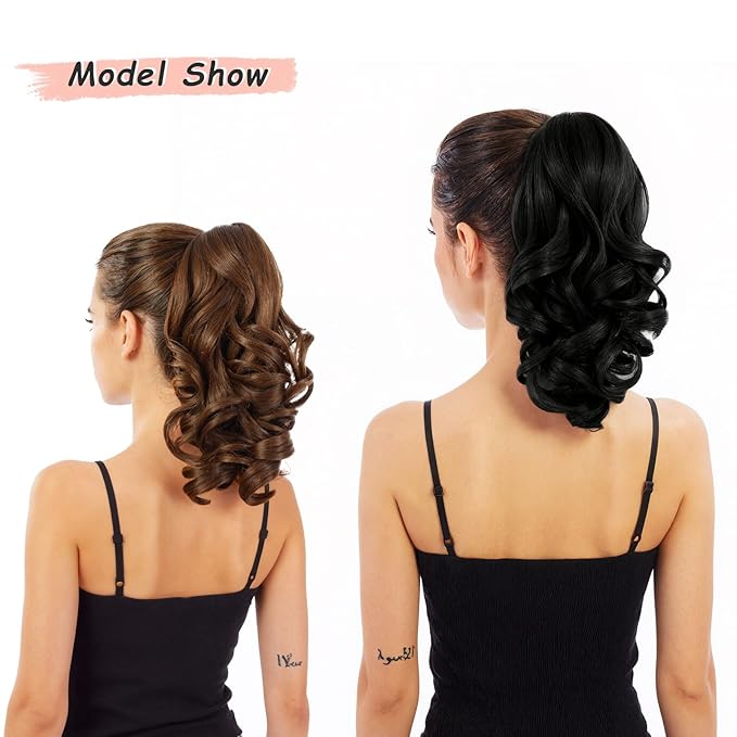 Ponytail Extension, Clip on Ponytails for Women, 12" Claw Clip in Short Curly Wavy Pony Hair Extension for Women - Brown