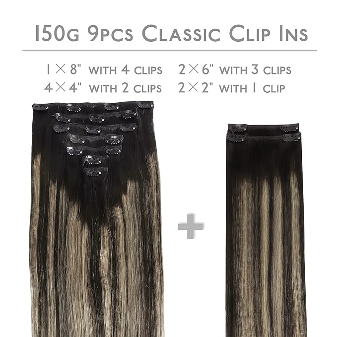 WENNALIFE Clip in Hair Extensions Real Human Hair, 16 Inch 150g 9pcs Balayage Natural Black to Light Blonde Remy Hair Thicker Double Weft Extensiones De Cabello Humano Con Clip Ins Straight Full
