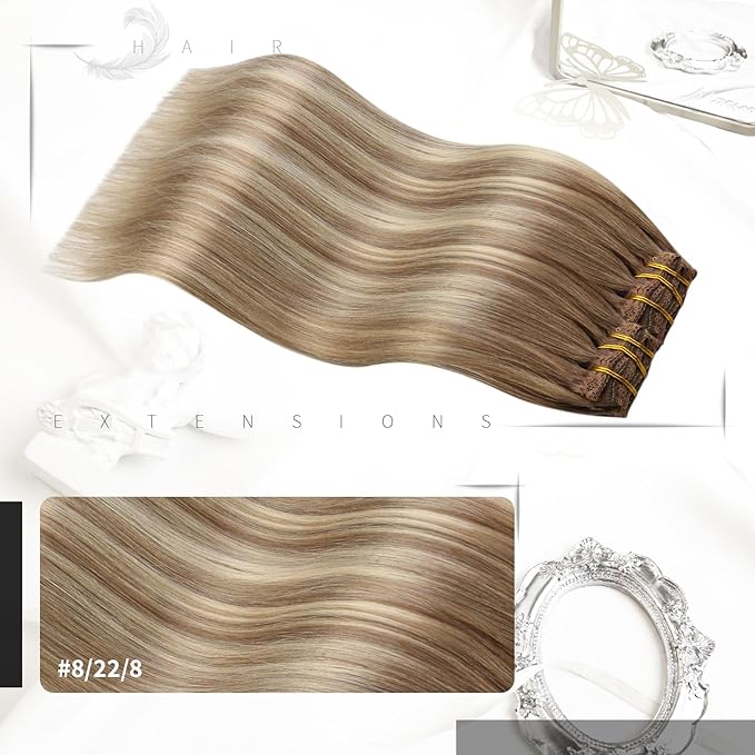 Moresoo Clip in Hair Extensions Real Human Hair Brown to Blonde Hair Extensions Clip ins Light Brown to Meidum Blonde Balayage Soft And Straight 120g/7pcs 16 inch