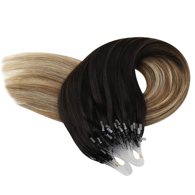 YoungSee Micro Loop Hair Extensions Real Human Hair Balayage 16In Micro Bead Hair Extensions Human Hair Dark Brown Ombre Blonde with Browns Beaded Hair Extension Soft and Silky for Prom 50g 50s