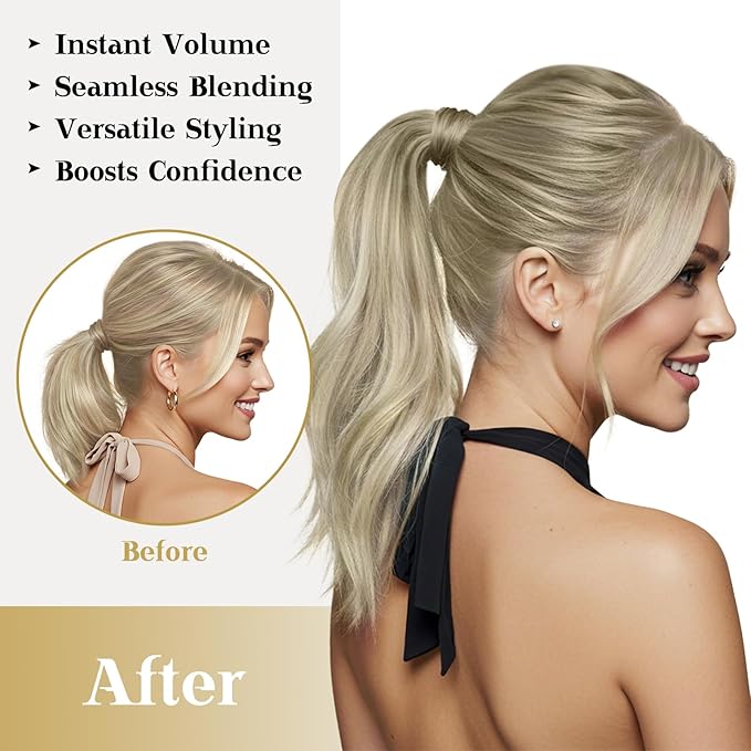 Ve Sunny Hair Extensions Ponytail Real Human Hair Wrap Around Clip in Ponytail Hair Extensions Straight Extensions Human Hair for Women Ash Grey Balayage Platinum Blonde 18inch 80G
