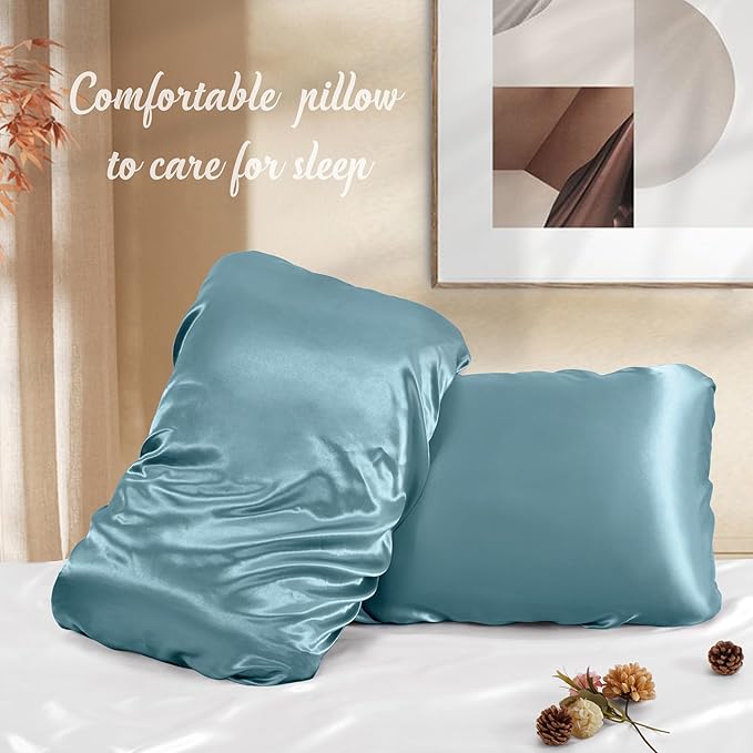 Manyshofu Satin Pillowcases for Hair Protection - 1Pcs Blue Pillow Cases, Elastic Band Standard & Queen Satin Pillowcases Luxury Silky Pillow Cases Travel Pillow Covers