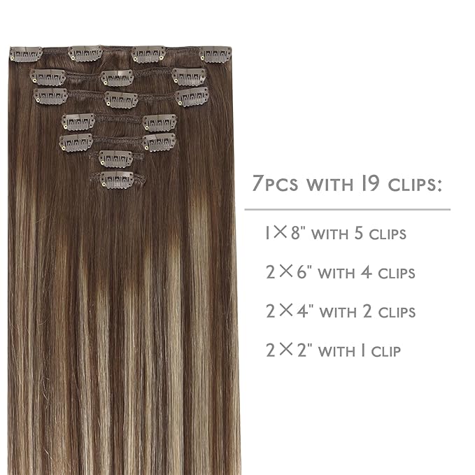 WENNALIFE Clip in Hair Extensions - Real Human Remy Hair, 18 Inch 120g 7pcs Balayage Chocolate Brown to Honey Blonde