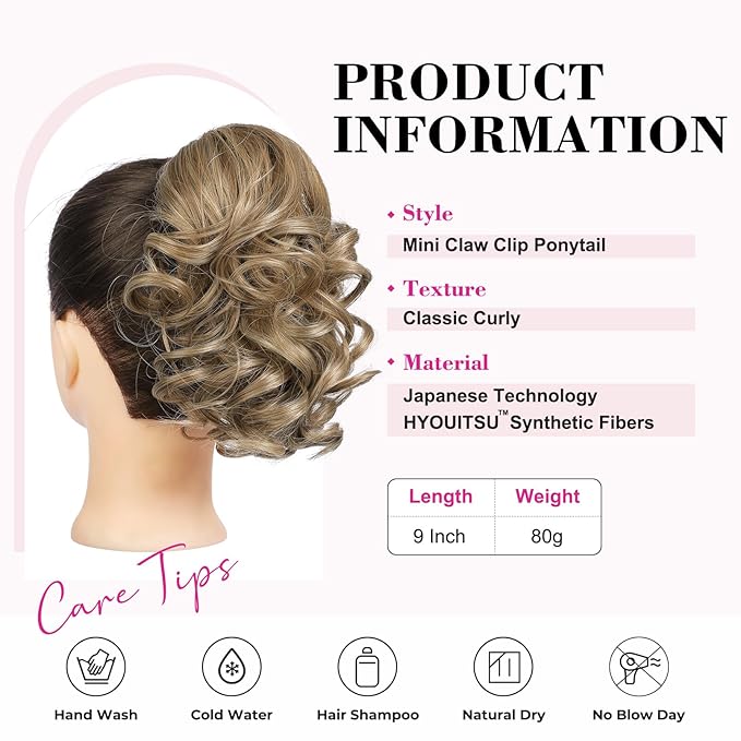 REECHO 9" Short Ponytail Extension, Classic Loose Curly Wavy Claw Clip Pony tails Hair Extensions HP001 Hairpieces for Women - Medium Blonde with Blonde Highlights