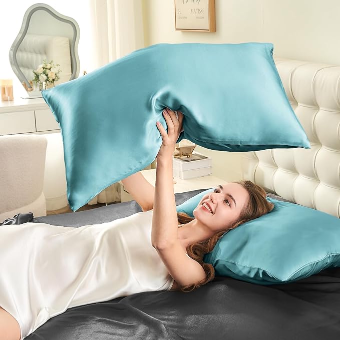 INFIIXSO Mulberry Silk Pillowcase for Hair and Skin, Silk Pillow Cases Queen Size Set of 2 with Hidden Zipper 20"x30", Ultra Smooth and Soft Cooling Pillow Cases for Hot Sleepers(ICY Morn, 2 Pack)