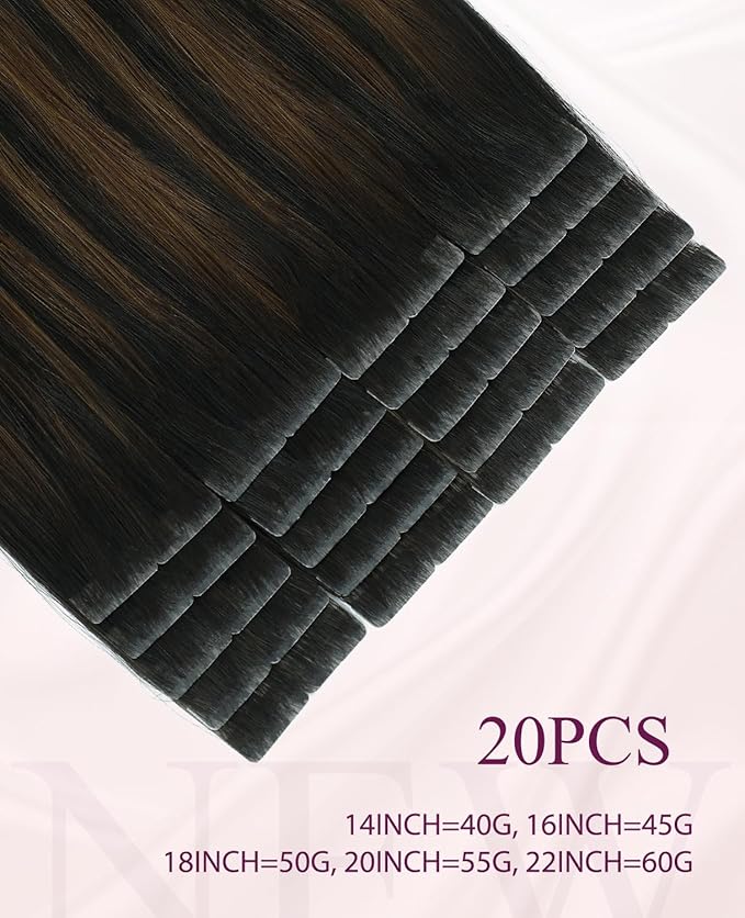 Pinkpearl Invisible Tape in Hair Extensions Human Hair, 20pcs 14inch 40g #1B/4/27 Balayage Natural Black to Chocolate Brown and Caramel Blonde Injection Tape in Extensions Remy Human Hair Injected
