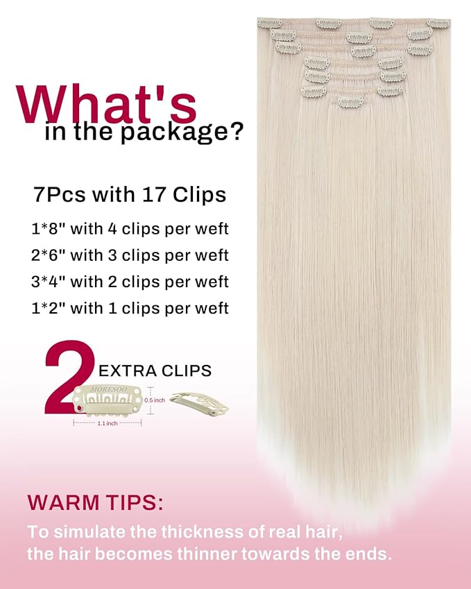Moresoo Blonde Human Hair Clip in Extensions White Blonde Clip in Extensions Remy Human Hair Full Head for Women Long 120g/7pcs 20 inch