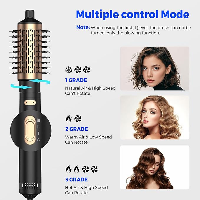 4 in 1 Rotating Hair Dryer Brush Spinning with Detachable Brush(2" & 1.5"),Negative Ionic Brush Blow Dryer 100-120V,3 Heats and 2 Speeds Rotating Hot Air Brush for Curling,Straight,Drying