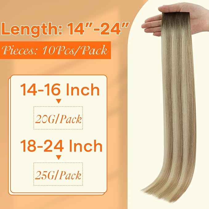 Full Shine Intact Virgin Tape in Hair Extensions Human Hair 22Inch Color 2 Brown Fading to 18 Ash Blonde and 22 Invisible Natural Tape in Extensions 25Gram Tape Ins Human Hair Extensions 10Pcs