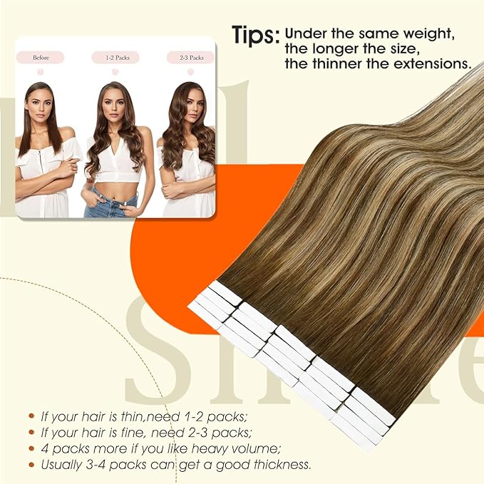 Full Shine Brown Tape In Hair Extensions Human Hair Color 4/24/4 Medium Brown Ombre Blonde Injection Human Hair Tape in Extensions 14Inch 40G 20Pcs Remy Short Hair Compatibility