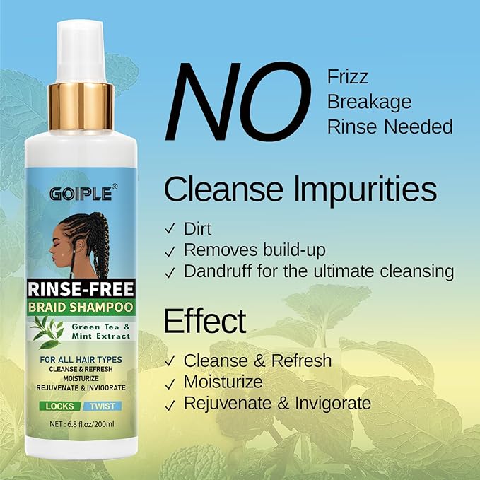 No-Water Braid Shampoo for Locs, Twists, Weaves - Rinse-Free, Dreadlock Shampoo for Build-Up, Odor, Itch & Flakes, No Residue, Chemical-Free, 6.8 fl oz