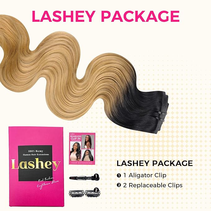 Lashey Body Wave Clip in Hair Extensions Real Human Hair 110g 7pcs 16 Inch Ombre Natural Black to Honey Blonde Seamless Clip in Hair Extensions Human Hair with PU Soft Invisi Edge