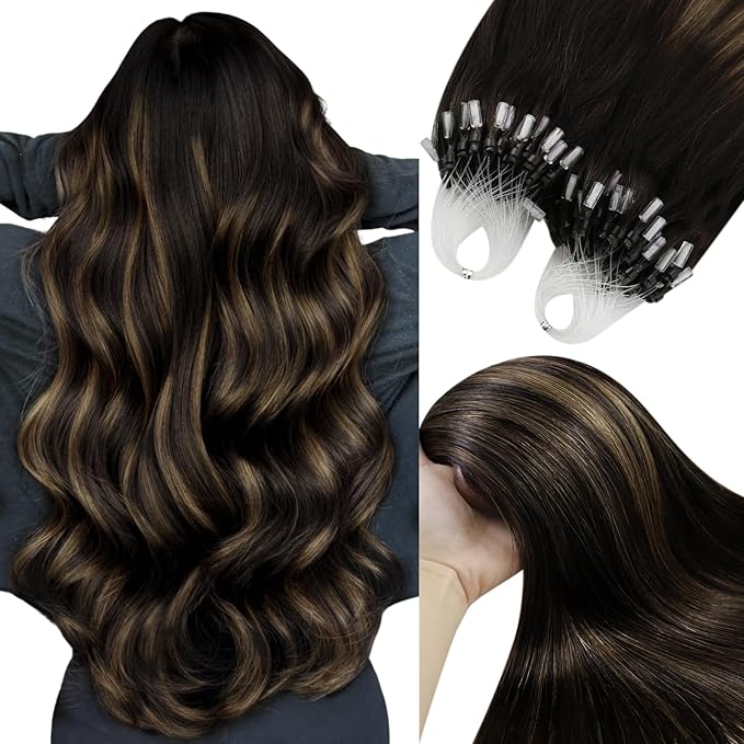 YoungSee Micro Loop Hair Extensions Real Human Hair Brown Micro Link Hair Extensions Dark Brown with Medium Browns Balayage Micro Ring Human Hair Extension Ombre for Parties 24 Inch 50g 50s