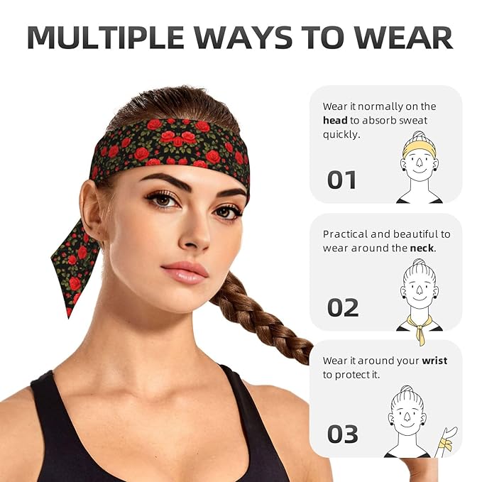 Boys Girls Sports Sweatbands, Multipurpose Long Head Band for Yoga Fitness Shower, Fashion Floral Flowers Black Red Roses Headwear Head Decor