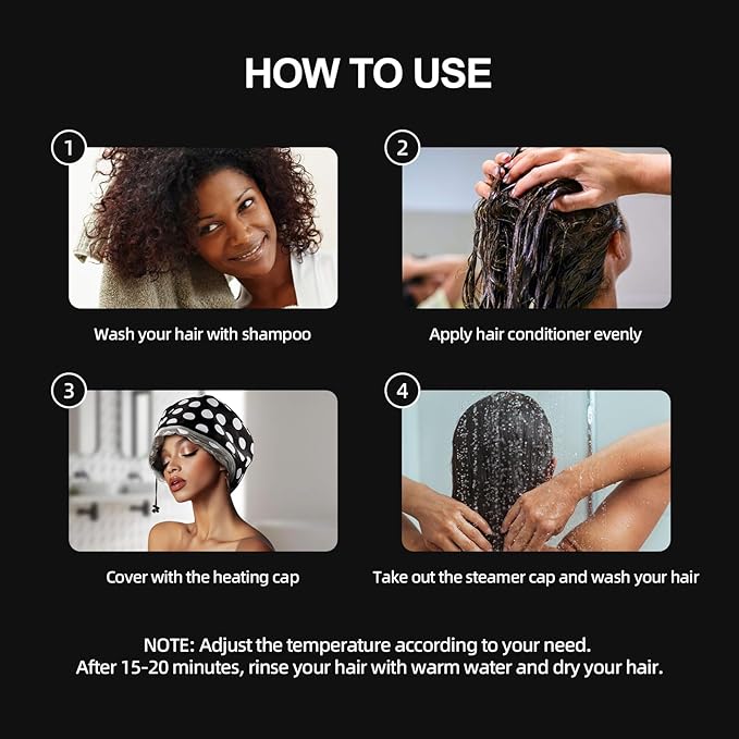 Electric Hair Steamer Cap with 2 Mode Temperature Control, Removable Washable Thermal Spa Hat for Home Hair Care (Black & White)