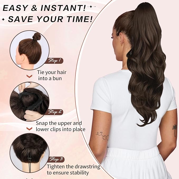 Ponytail Extension, Drawstring Ponytail Extension for Women 23 Inch Long Brown Wavy Pony Tails Hair Extensions Synthetic Clip in Ponytail Hairpiece for Women (Medium Brown)